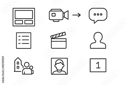 Storyboard Icon Set. Storyboard sketch. Line icon set of storyboard sketch: frame panel, camera angle, movement arrow, dialogue bubble, shot list,