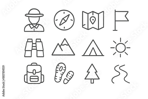 Adventure Icons Collection. Adventure and Exploration. Line icon set of Adventure and Exploration: explorer, compass, map, flag, binoculars, mountain, tent,