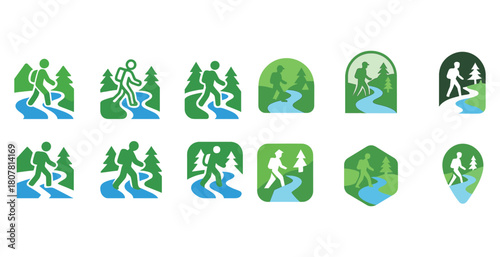 Hiking icons: nature trails, forests, and river paths symbols