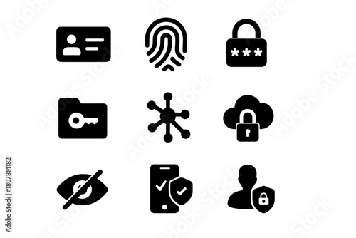 Data Protection Icons. Personal data protection. Solid icon set of Personal data protection: ID card, fingerprint, password lock, data folder, encryption key,