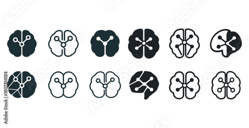 Set of abstract brain logos with circuit elements in black and white