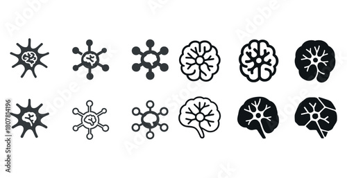 Neural cell icons set: brain-inspired vector designs in black and white