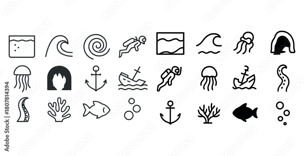 Fototapeta premium Oceanic icons: waves, marine life, diving, and nautical symbols