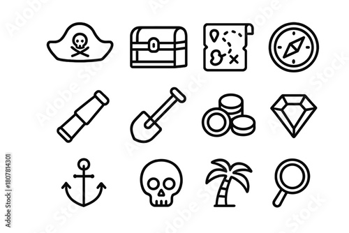 Pirate Iconography Set. Pirate adventure kit. Line icon set of pirate adventure kit: pirate hat, treasure chest, map, compass, telescope, shovel, gold coins,