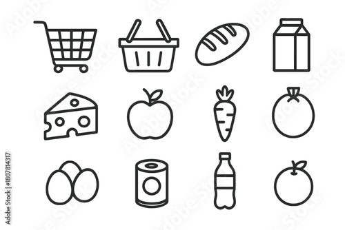 Grocery Icon Set. Grocery essentials set. Line icon set of Grocery essentials set: shopping cart, basket, bread loaf, milk carton, cheese, apple, carrot,