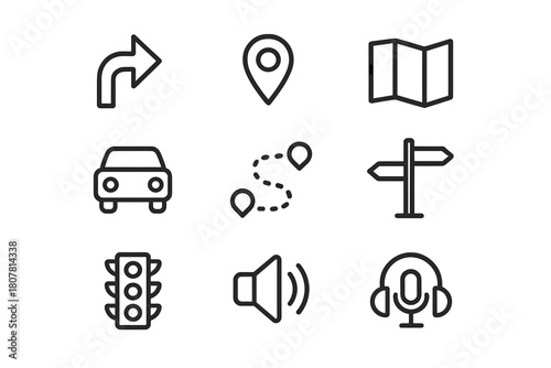 Turn-by-Turn Icon Set. Turn-by-turn guidance. Line icon set of Turn-by-turn guidance: turn arrow, GPS pin, map, car, route line, street sign, traffic light,