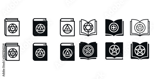 Twelve black book icons featuring occult and alchemy symbols