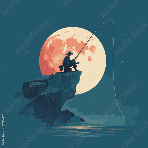 Vector illustration of a person fishing on top of a rock with a full moon in the background