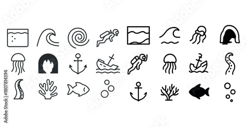 Oceanic icons: waves, marine life, diving, and nautical symbols