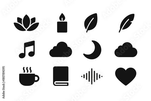 Relaxation Icon Set. Relaxation and calm. Solid icon set of Relaxation and calm: lotus flower, candle, leaf, wave, music note, cloud, moon, feather, cup of