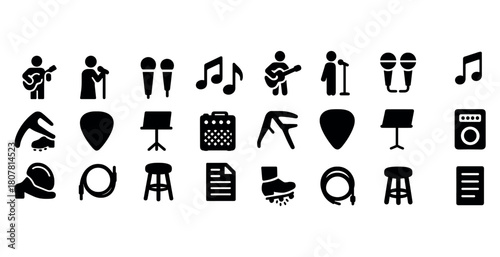 Musical instrument icons set: microphone, guitar, music note, amplifier, stand, pedal