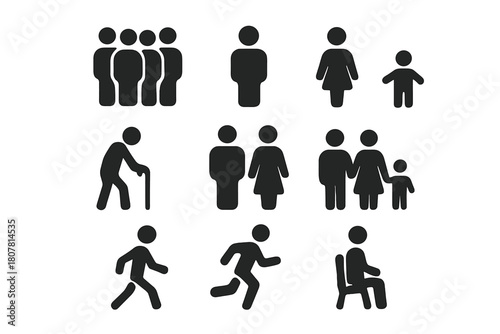 Crowd Icon Set. Crowd. Solid icon set of Crowd: group of people, man, woman, child, elderly person, couple, family, person walking, person running, person