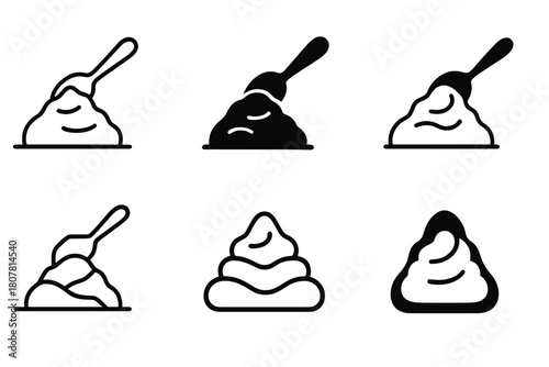 Mashed Potato Logos. Mashed potato mound. Icon set. Set Logo of mashed potato mound: serving spoon scooping mashed potatoes. harmonious logo variations of the