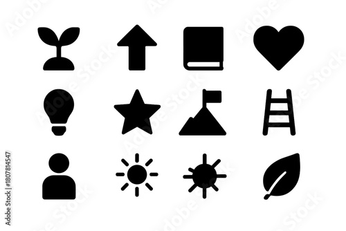Personal Growth Icons. Personal growth. Solid icon set of personal growth: plant sprout, arrow up, book, heart, lightbulb, star, mountain, flag, ladder,