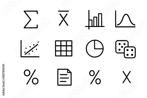 Statistical Formula Icons. Statistical formulas. Line icon set of statistical formulas: sigma symbol, mean average, bar chart, bell curve, scatter plot,