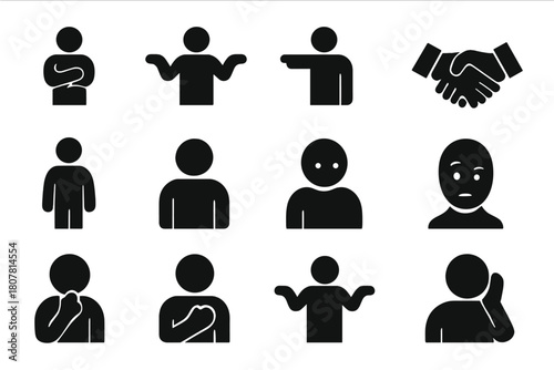 Body Language Icons. Body language. Solid icon set of Body language: crossed arms, shrug, pointing, handshake, open stance, nodding head, tilted head, raised