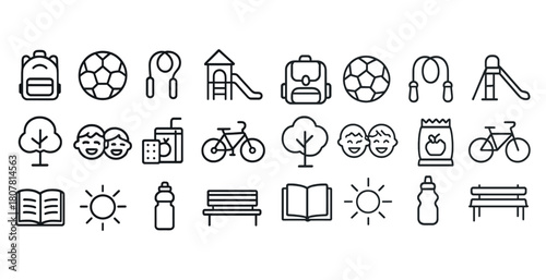 Playground and recreation icons: backpack, ball, slides, trees, drinks, books, sun, bicycle