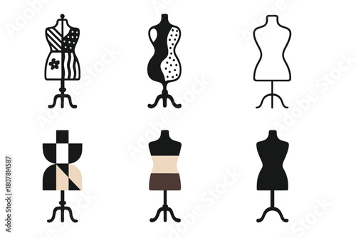 Fashion Diversity Icons. Diversity in fashion. Icon set. Set Logo of diversity in fashion: mannequin figures of various shapes and patterns. harmonious logo