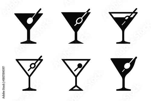 Alcohol Icon Variations. Alcohol. Icon set. Set Logo of alcohol: martini glass with olive. harmonious logo variations of the same emblematic concept, each with