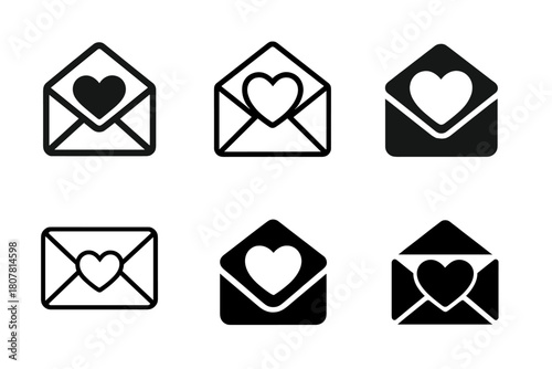 Heart Envelope Icons. Distance in relationship. Icon set. Set Logo of distance in relationship: envelope with heart inside. harmonious logo variations of the