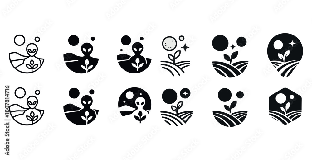 Fototapeta premium Set of black and white alien icons with plant and stars in minimalist design