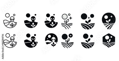 Set of black and white alien icons with plant and stars in minimalist design