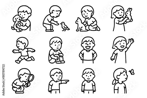 Children with Animals Icons. Children with animals. Line icon set of Children with animals: child holding puppy, child feeding bird, child playing with cat,