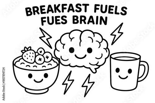 Brain Power Breakfast. Breakfast fuels the brain children?s coloring book illustration, outlined drawing, a cheerful bowl of oatmeal, fruit, and a milk cup