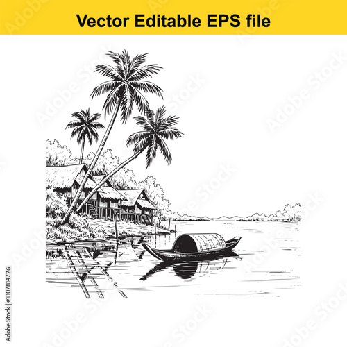 A tranquil backwater scene with a traditional houseboat, palm trees, and thatchedroof houses isolated on, capturing keralas serene beauty
