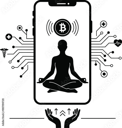 Mindfulness meditation in smartphone with cryptocurrency coins