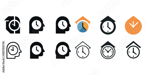 Variety of clock and head silhouettes illustrating time concepts