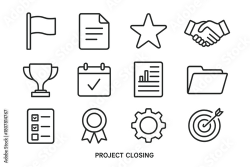 Project Closure Icons. Project closing. Line icon set of project closing: flag, document, star, handshake, trophy, calendar, report, folder, checklist, ribbon,