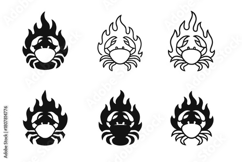 Spicy Seafood Icons. Spicy seafood. Icon set. Set Logo of Spicy Seafood: crab surrounded by fiery elements. harmonious logo variations of the same emblematic