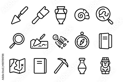 Archaeology Icon Set. Archaeology. Line icon set of Archaeology: trowel, brush, ancient pottery, fossil, magnifying glass, excavation site, skeleton, compass,
