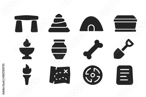 Ancient Burial Icons. Ancient Burial Site. Solid icon set of Ancient Burial Site: stone circle, cairn, burial mound, sarcophagus, offering bowl, clay pot,