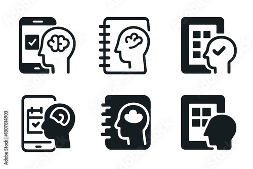 Planner Icon Variations. Using an app or paper planner to organize thoughts and appointments. Icon set. Set Logo of using an app or paper planner to organize