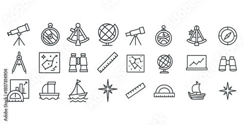 Linear icons of navigation tools including telescope, binoculars, compass, and globe
