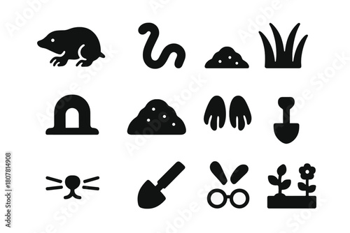 Garden Critters Icons. Garden Critters. Solid icon set of Garden Critters: mole, worm, soil, grass, tunnel, dirt mound, digging paws, whiskers, nose, shovel,