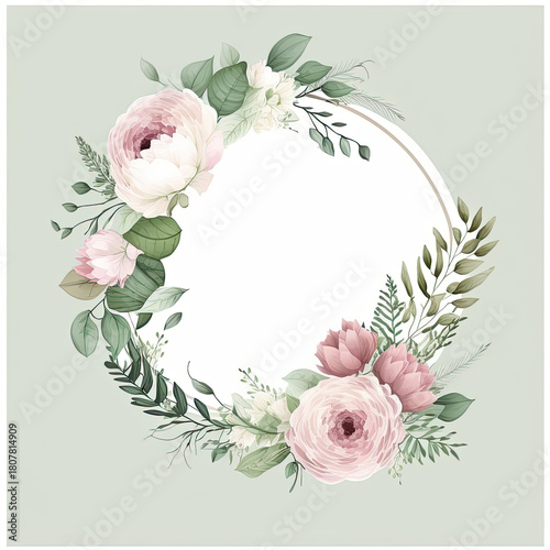 botanical design fo round wreath with leaves and flowers, floral background, ai generative