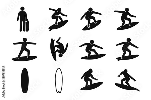 Surfer Silhouette Icons. Surfer Silhouettes. Solid icon set of Surfer Silhouettes: standing surfer, mid-air jump, crouching pose, arm stretch, balancing pose,