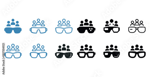 Diverse eyewear icons with group symbols in blue and black