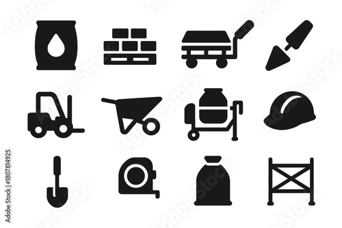 Construction Tools Icons. Building Materials Stack. Solid icon set of Building Materials Stack: cement bag, bricks, pallet, trowel, forklift, wheelbarrow,