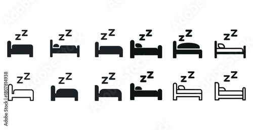 Set of sleeping bed icons with zzz symbols in various styles