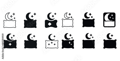 Moon and pillow icons set: sleep, rest, and dream symbols