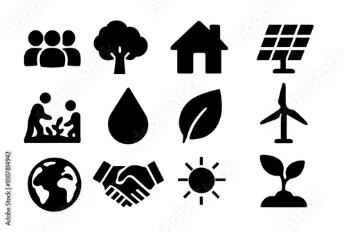 Eco Community Icons. Eco communities. Solid icon set of eco communities: people group, tree, house, solar panel, garden, water drop, leaf, wind turbine, globe,