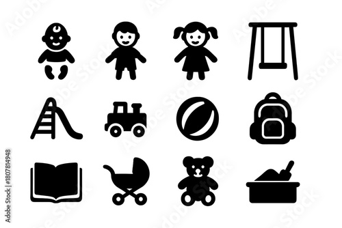 Childhood Fun Icons. Childhood Fun. Solid icon set of Childhood Fun: baby, boy, girl, swing, slide, toy, ball, backpack, school book, stroller, teddy bear,