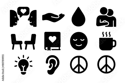 Meaningful Conversations Icons. Meaningful conversations. Solid icon set of Meaningful conversations: two faces, heart bubble, comforting hand, tear drop,