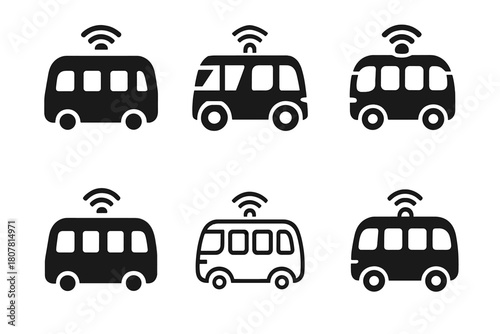 Autonomous Transport Logos. autonomous public transport. Icon set. Set Logo of autonomous public transport: sensor-equipped minibus. harmonious logo variations