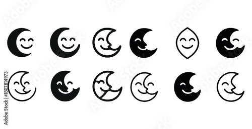Collection of smiling moon and leaf icons in black and white variations