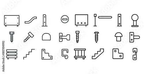 Collection of minimalist black and white construction icons on white background